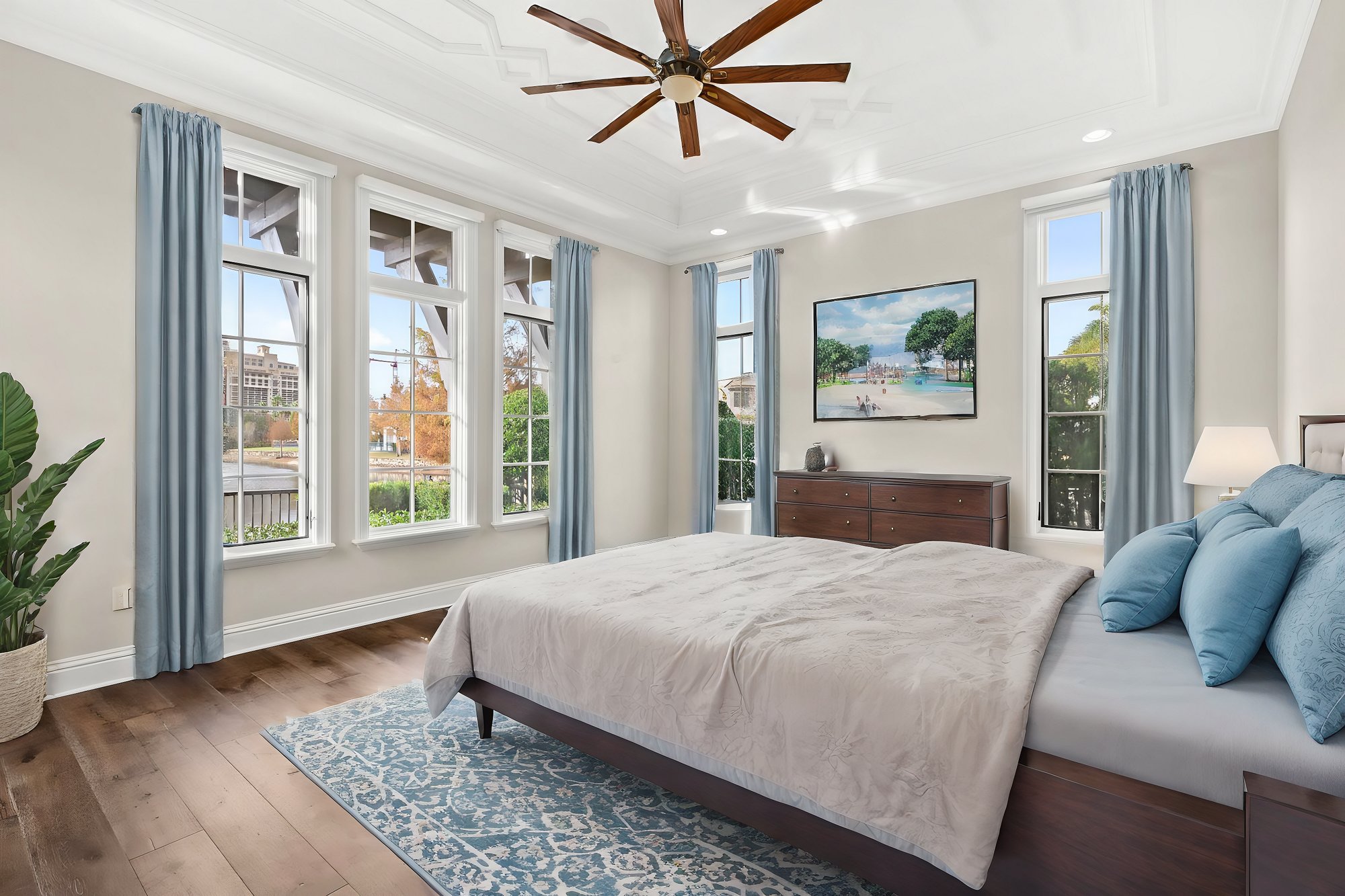 primary bedroom with virtual furniture